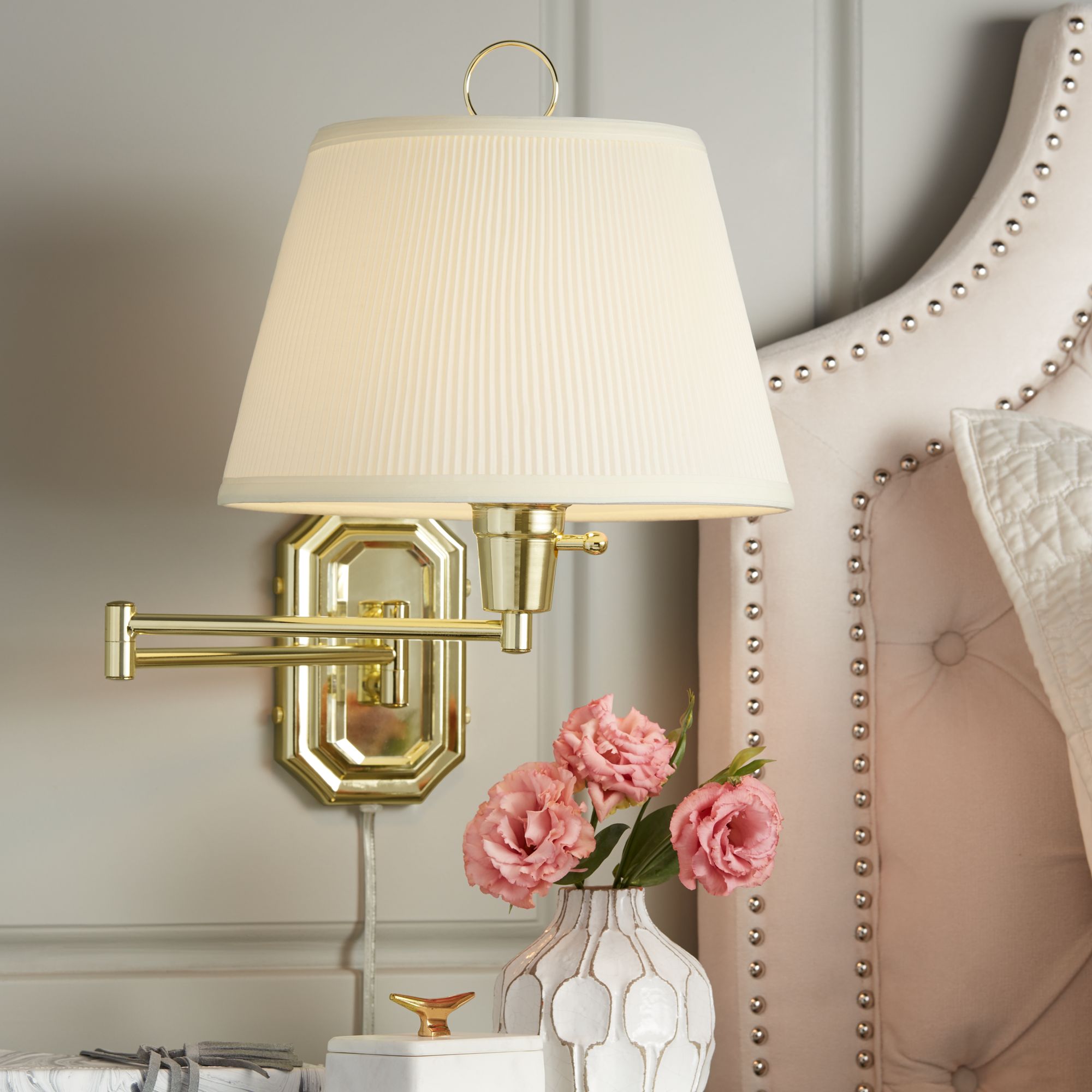 Swing Arm Wall Lamp Brass Plug-In Fixture Ivory Pleated ...
