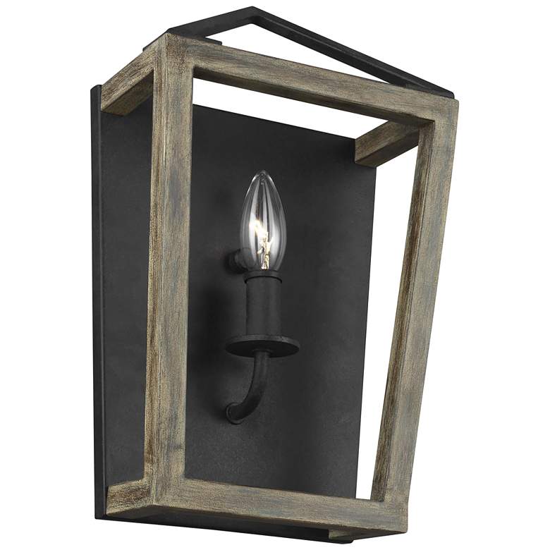 Gannet 14 1/4&quot;H Weathered Oak and Forged Iron Wall Sconce