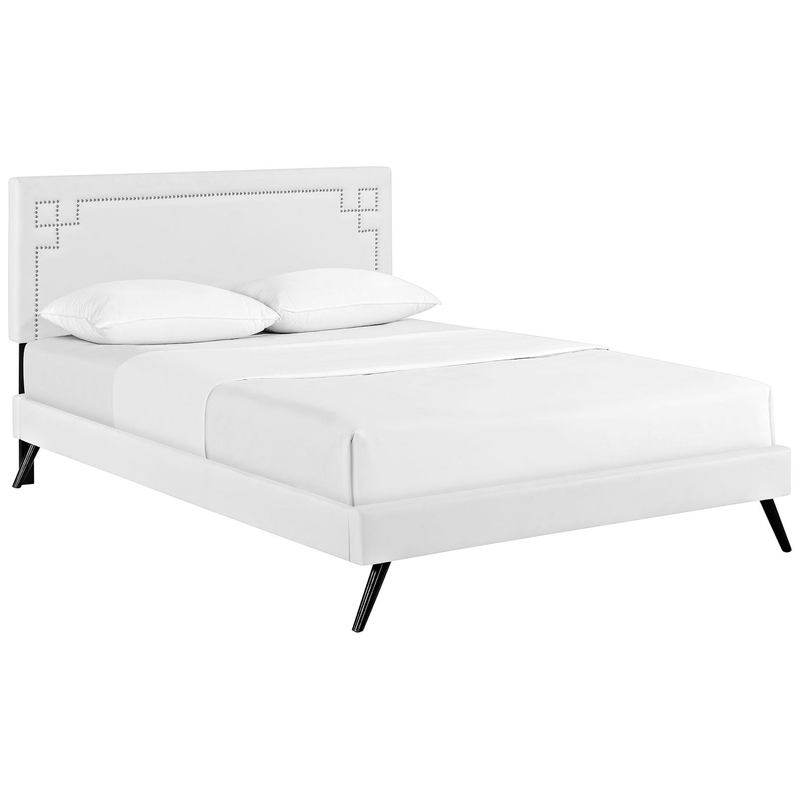 Josie White Vinyl Platform Bed with Round Splayed Legs