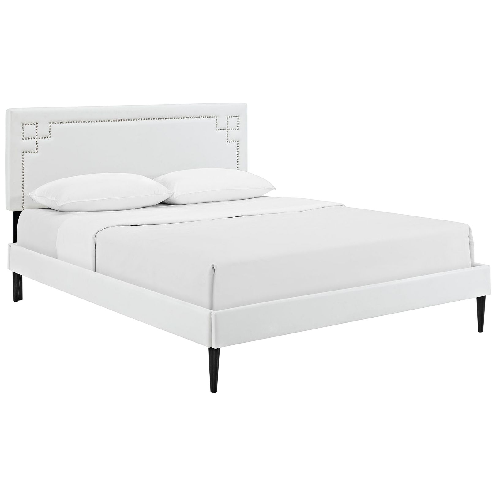 Josie White Vinyl Platform Bed with Round Tapered Legs