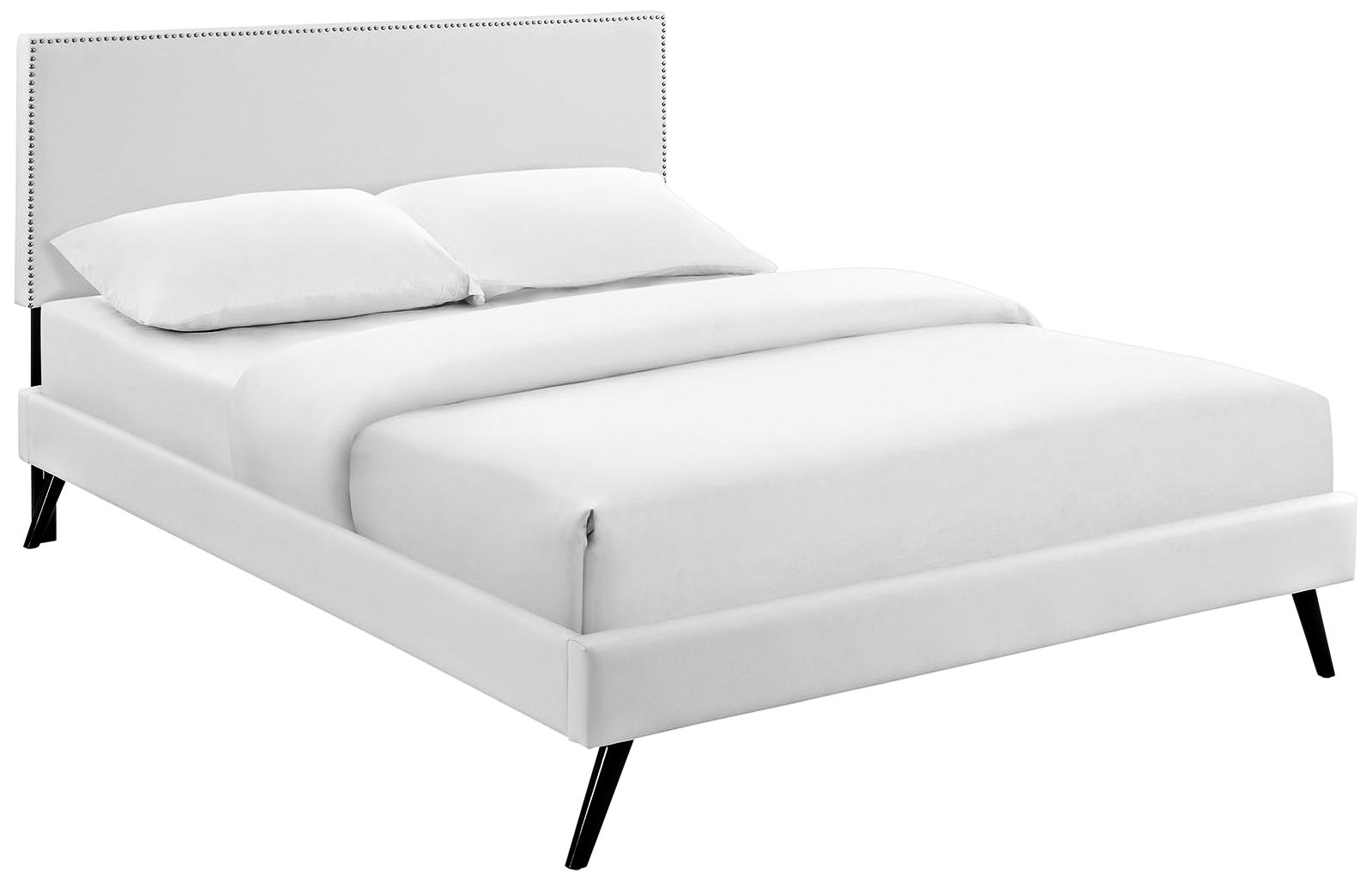 Phoebe White Vinyl Platform Bed with Round Splayed Legs