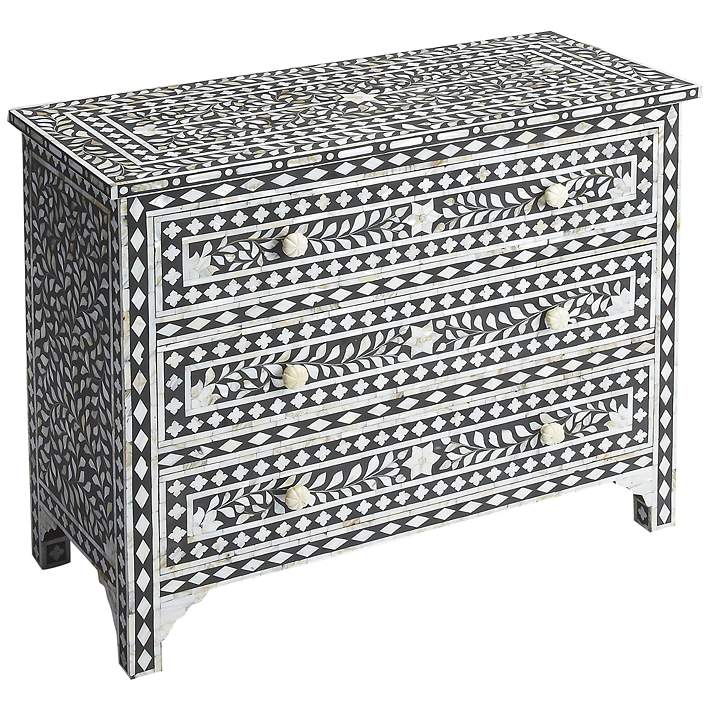 Victoria 36 Wide Black Bone Inlay 3 Drawer Chest 34x77 Lamps