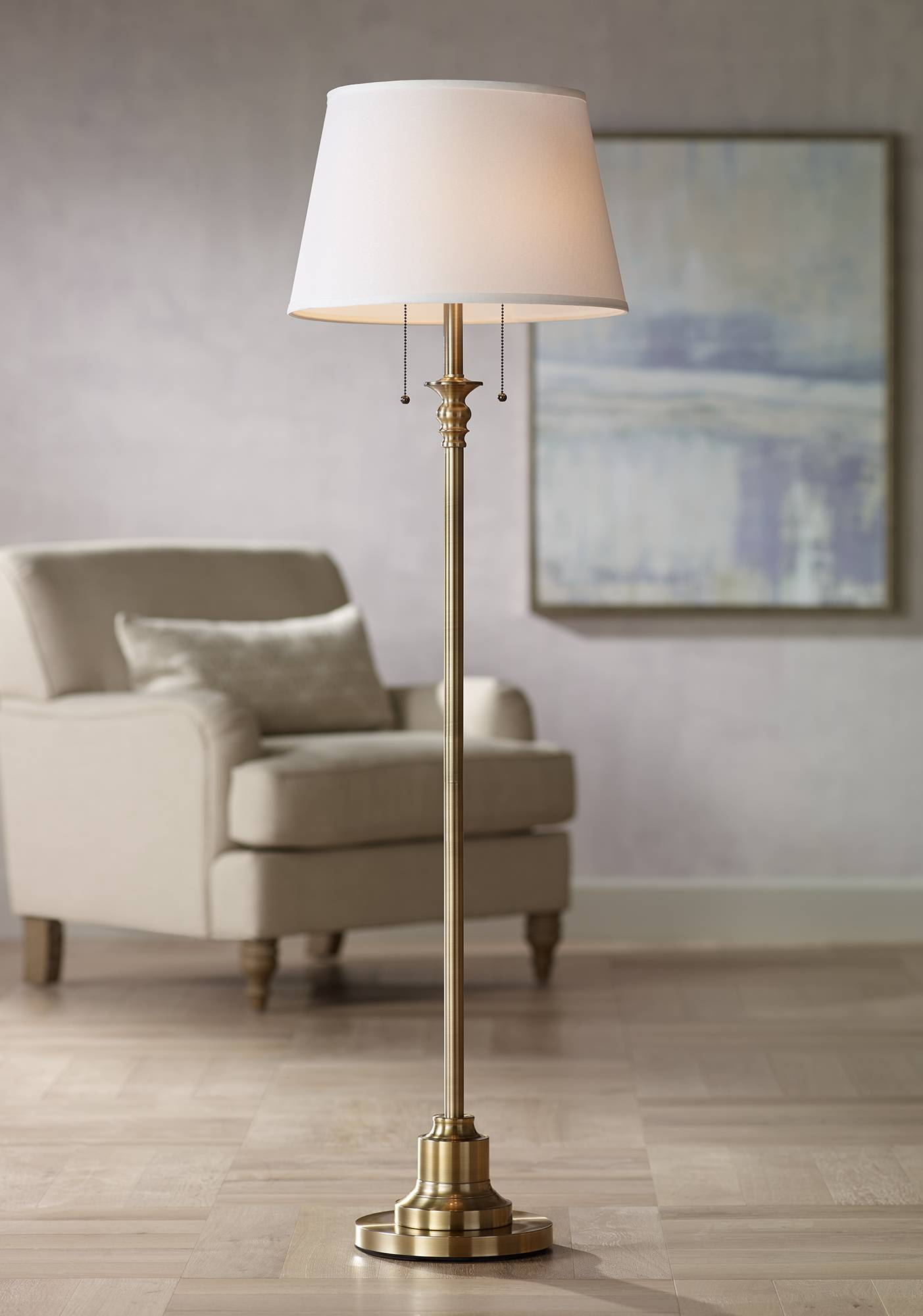 Traditional Floor Lamp Brushed Antique Brass Linen Shade for Living