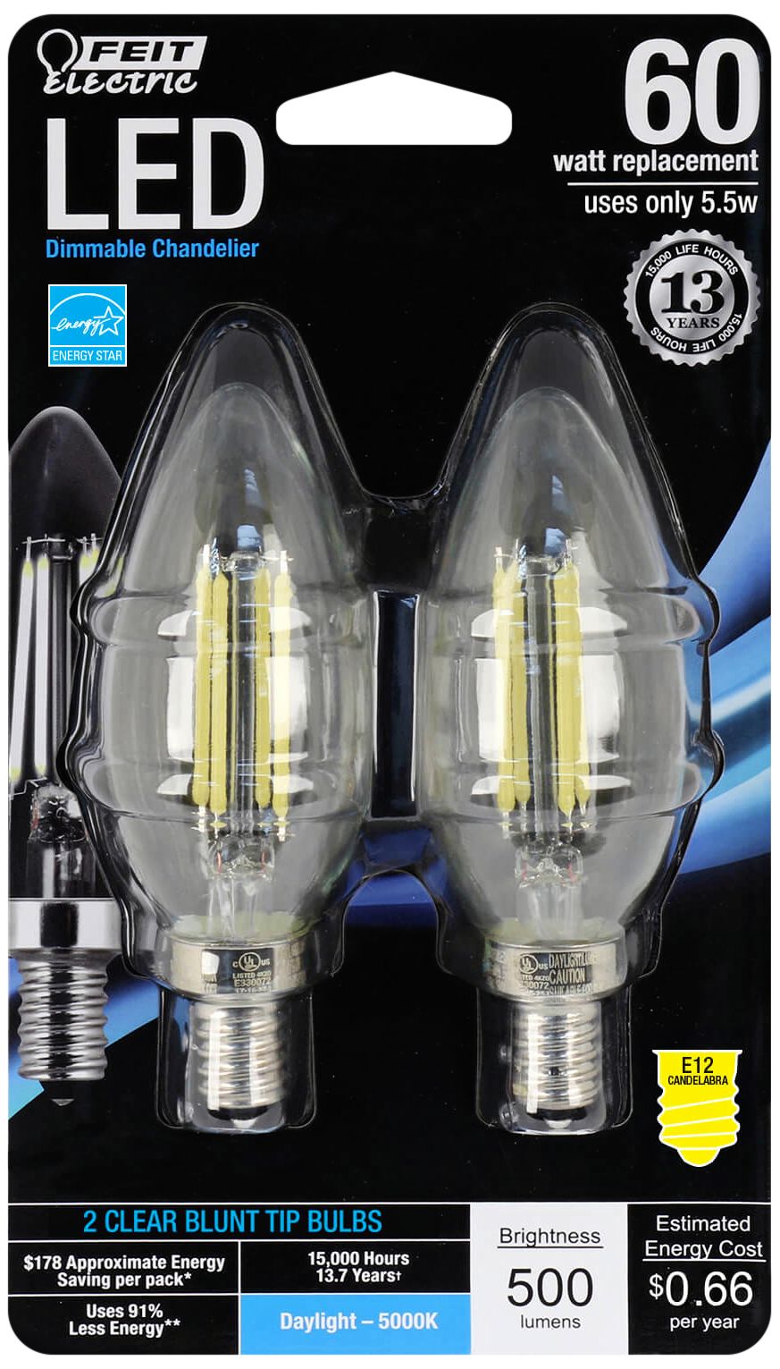 60W Equivalent 5.5W LED E12 Torpedo Bulb 2-Pack