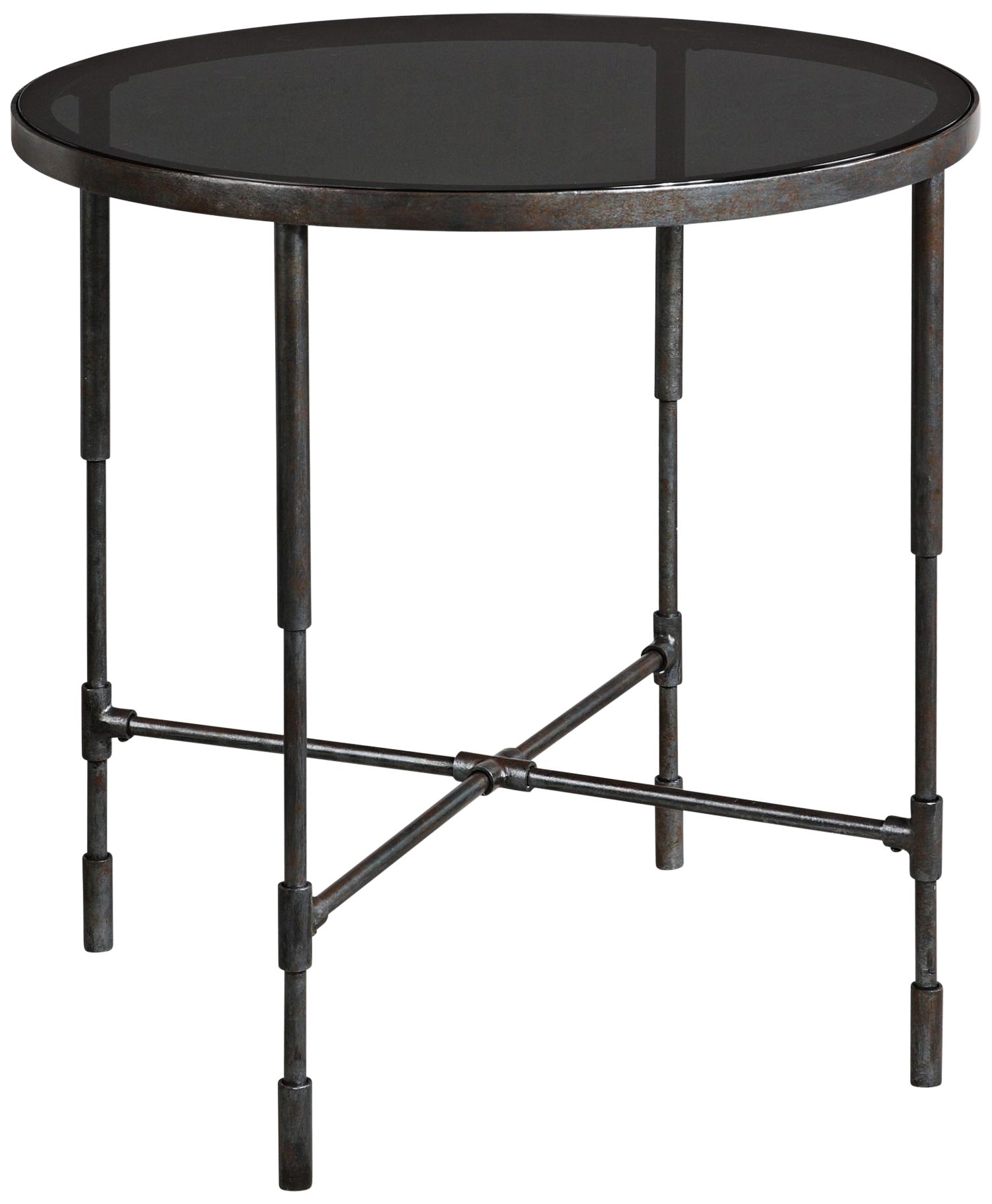 Vande 24 1/2" Wide Smoke Glass and Aged Steel Accent Table
