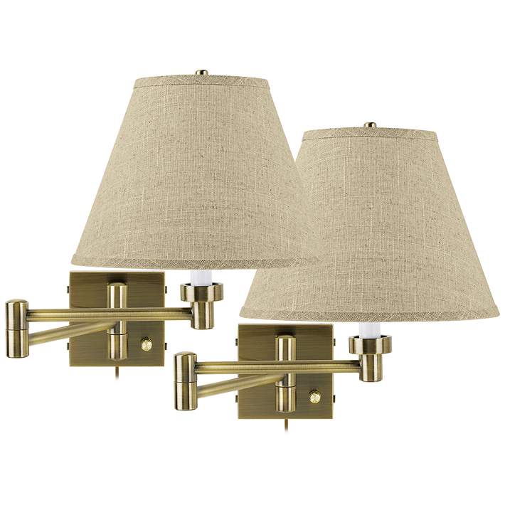 Set Of 2 Antique Brass Empire Shade, Arm Wall Lamp Set