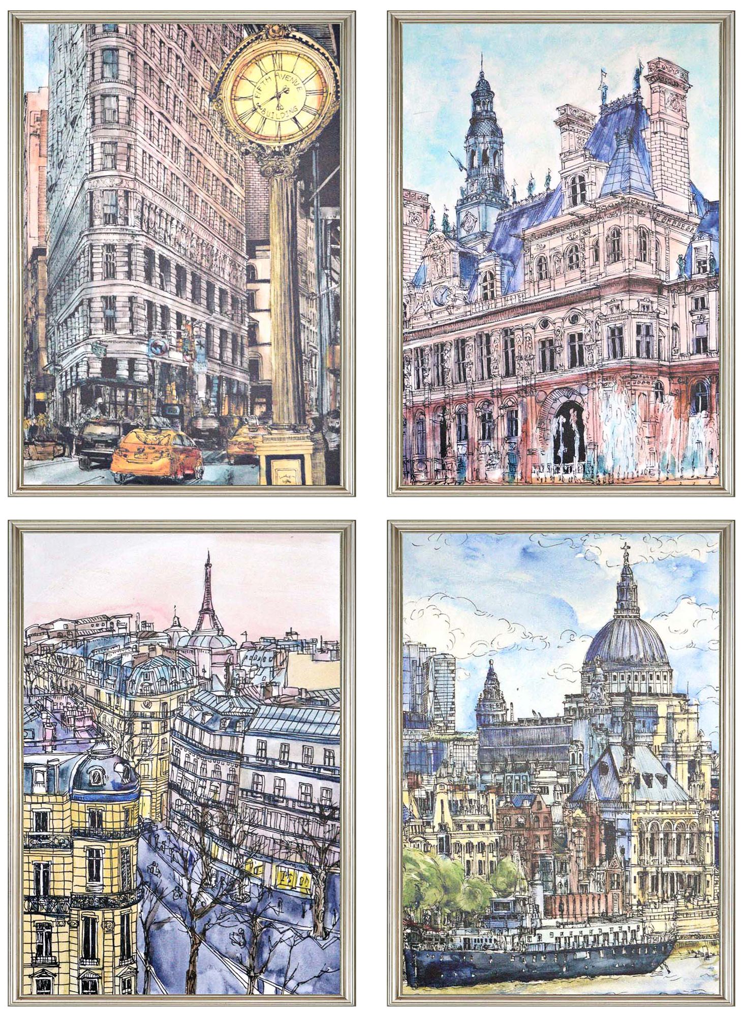City II 26" High 4-Piece Framed Giclee Wall Art Set