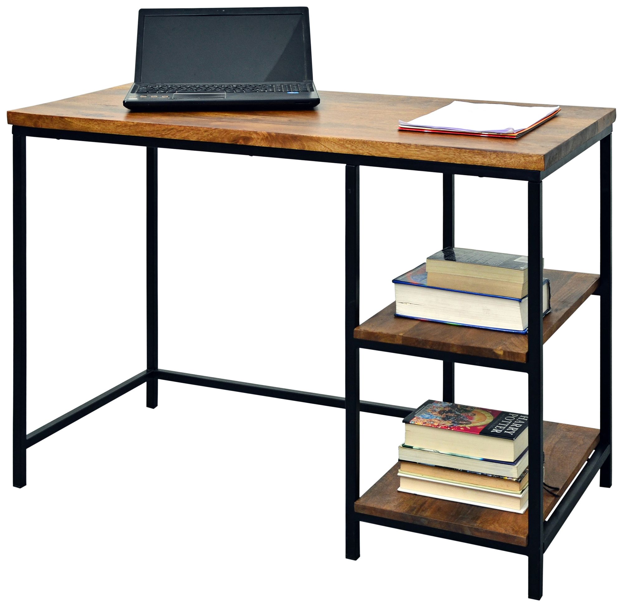 Suri 71" Wide Metal and Chestnut Wood 2-Shelf Desk
