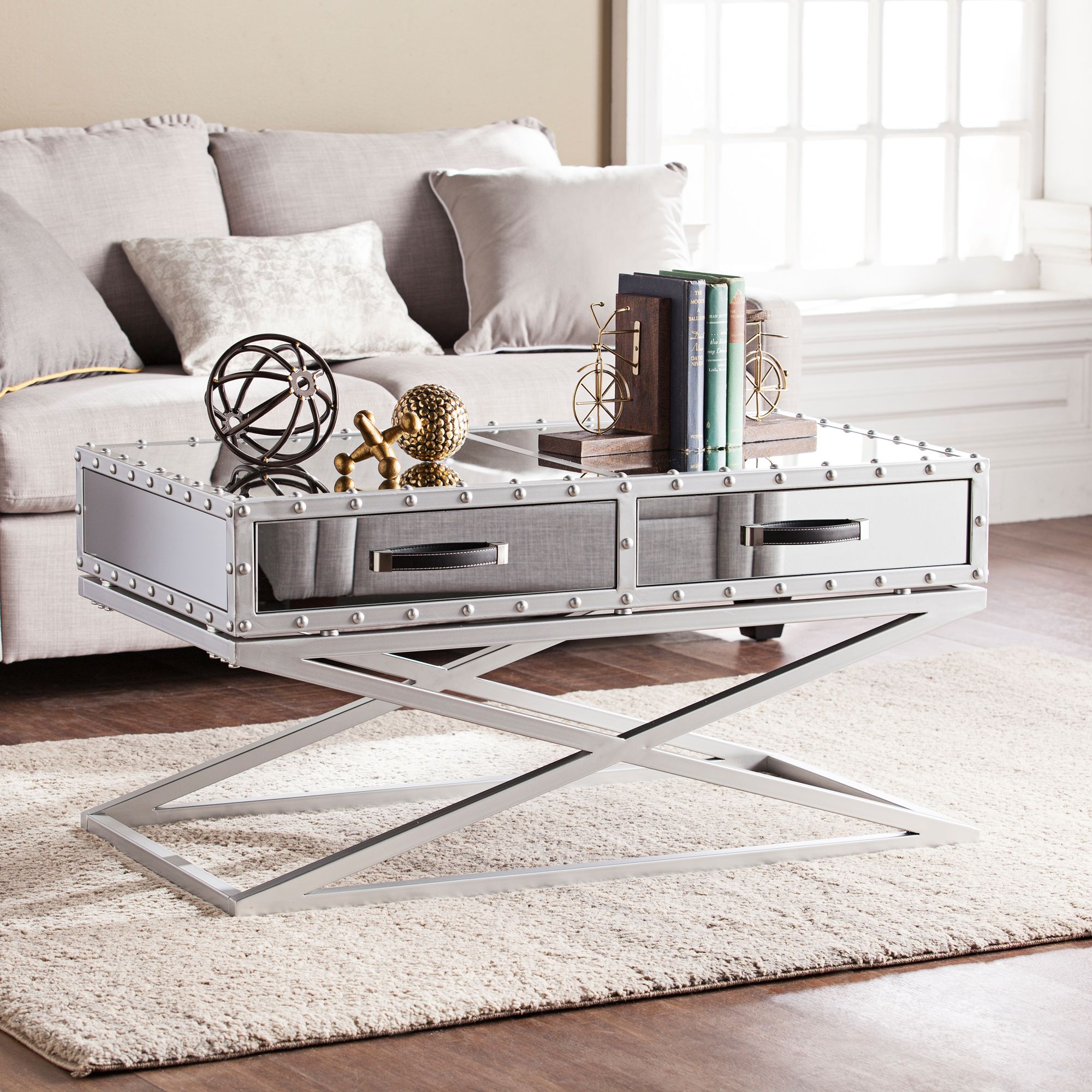 Lazio 40 1/2" Wide Mirrored 2-Drawer Modern Cocktail Table