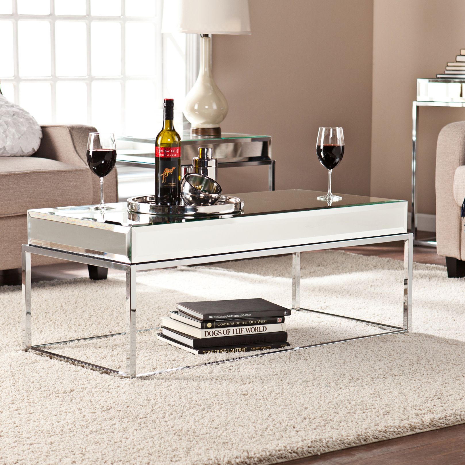 Dana 43" Wide Mirrored and Chrome Modern Cocktail Table