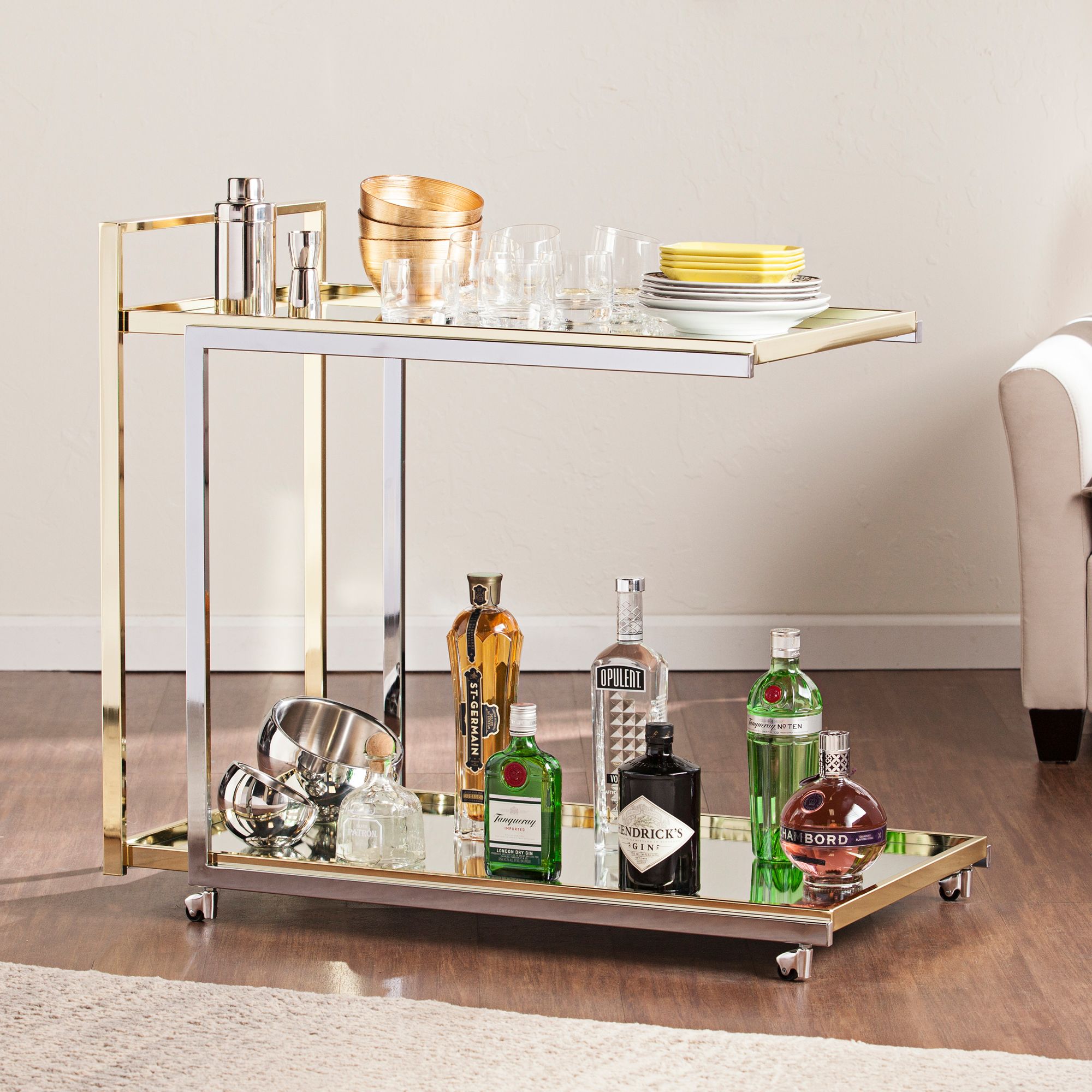 Riata 36" Wide Metallic Silver and Gold Luxe Modern Bar Cart