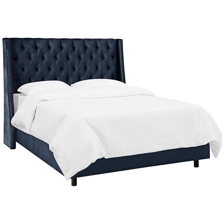 Madeline Majestic Navy Fabric Tufted Wingback Queen Bed