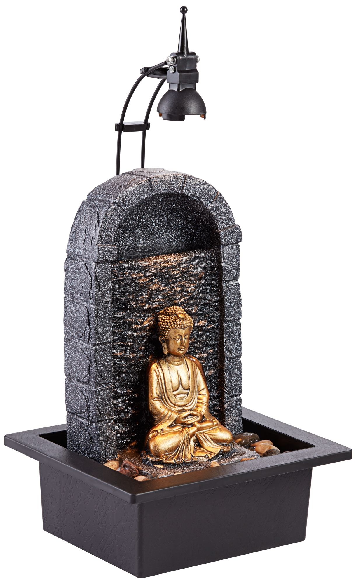 Peace 17" Stone and Gold Buddha Table Fountain with Light