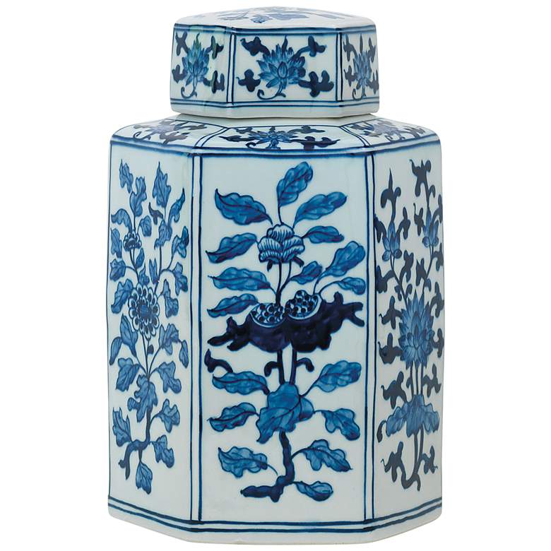 Four Seasons Blue and White 11&quot;H Hexagon Small Lifted Jar