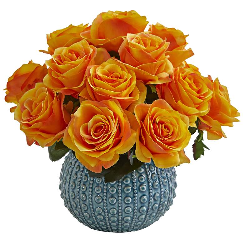 Image 1 Orange Yellow Rose 11 1/2" Wide Faux Flowers in Ceramic Vase