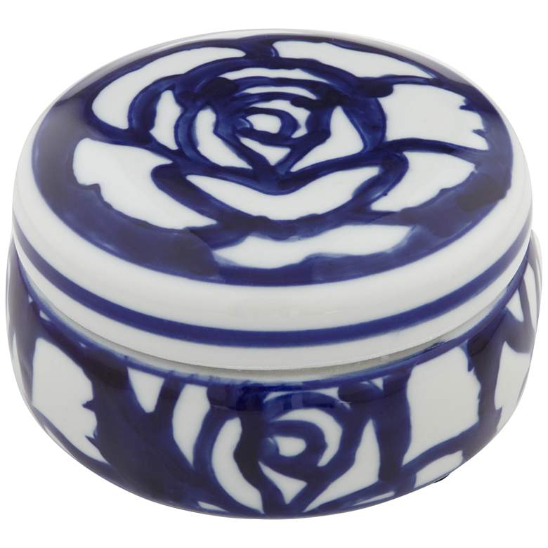 Rose White and Blue 4&quot; Wide Round Decorative Box
