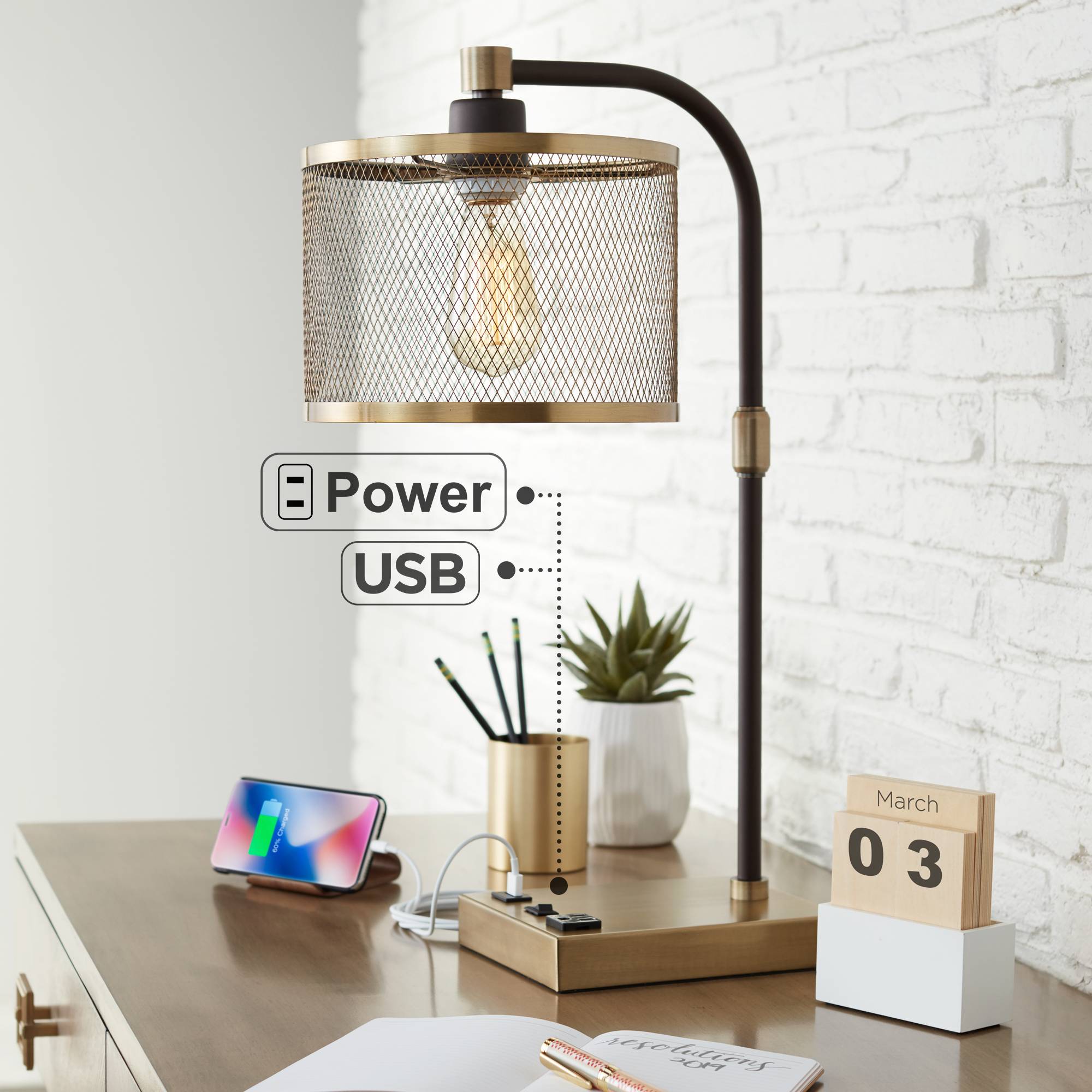 Industrial Desk Lamp with USB Outlet Antique Brass and Bronze for