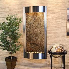 Pacifica Waters 69&quot; Steel &amp; Green Stone Modern Wall Fountain
