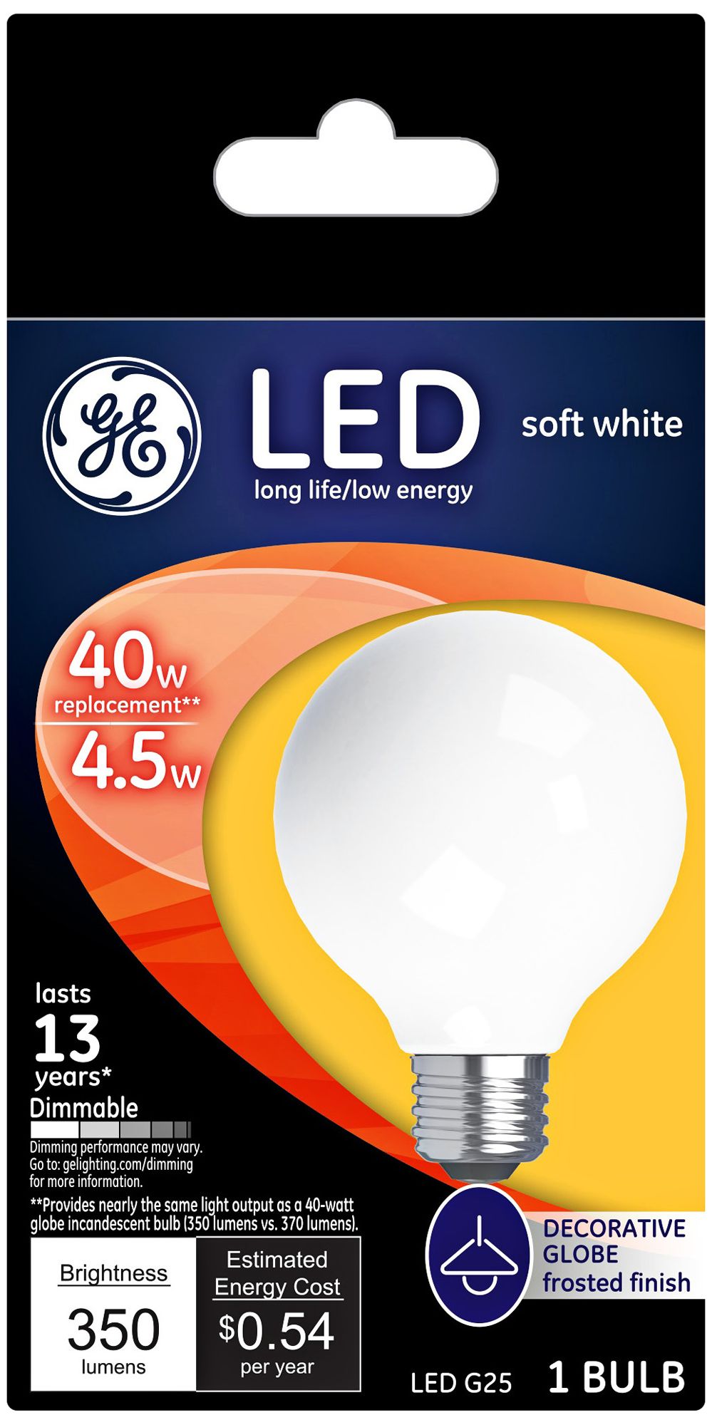 40W Equivalent  Frost 4.5W LED Dimmable Standard G25