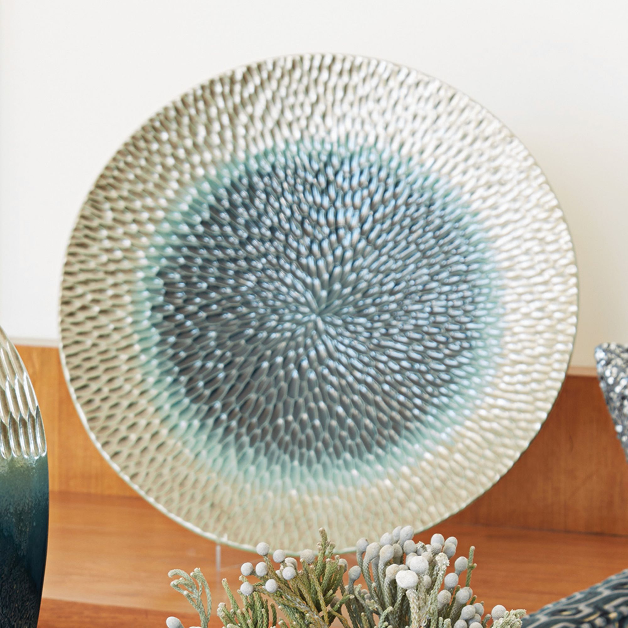 Seaburst 22 1/2" Wide Pewter and Aqua Ceramic Charger Plate