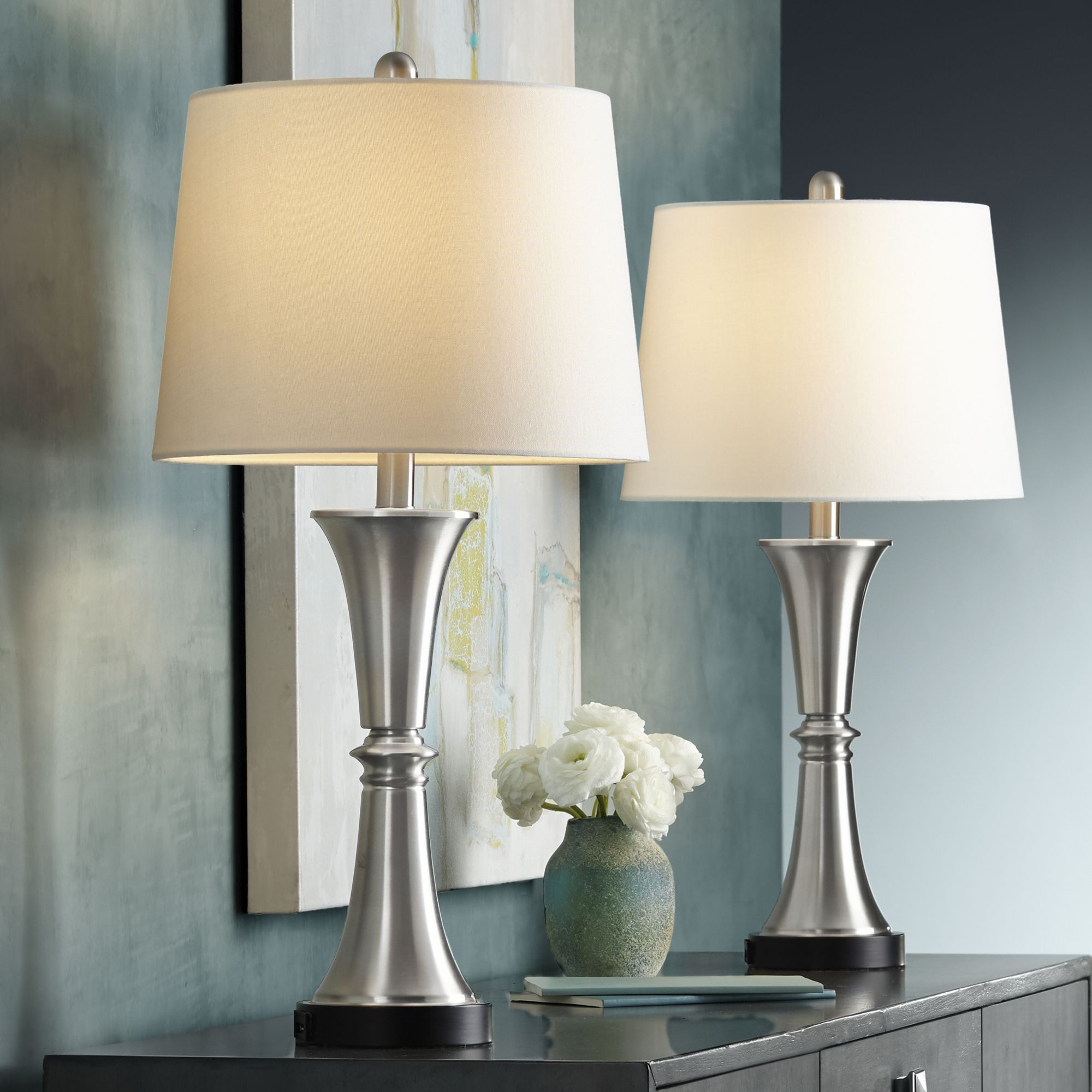 Details About Modern Table Lamps Set Of 2 With Usb Led Touch On Off Silver For Bedroom Office