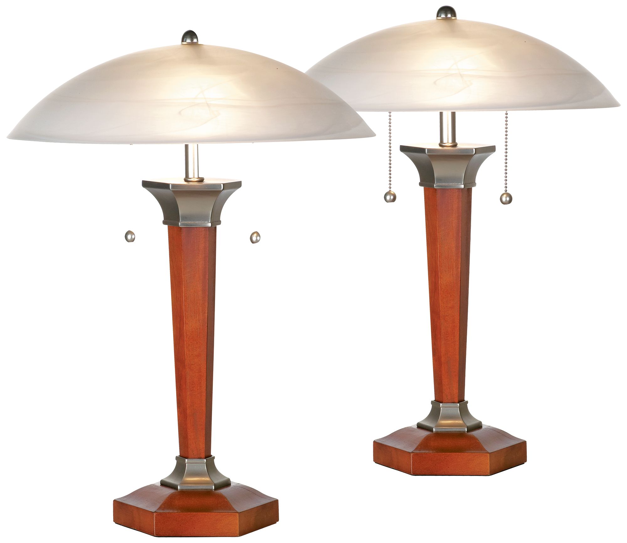 Walnut And Nickel Deco Dome Table Lamps - Set of 2