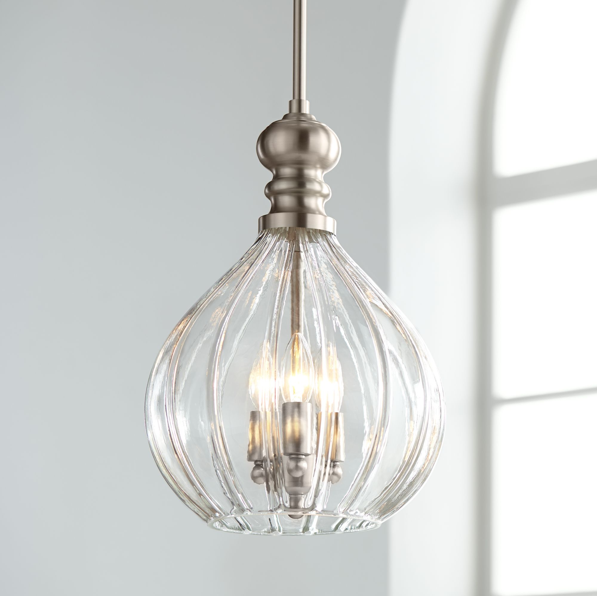 Nickel Mini Pendant Chandelier 11 1/2" Fluted Glass 3Light Fixture for