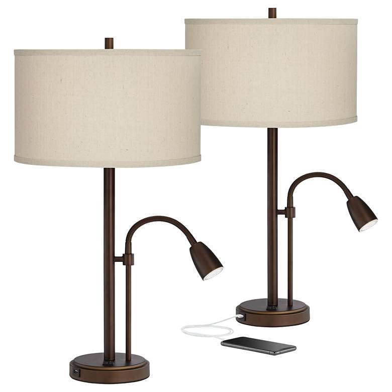 Image 2 Set of 2 Traverse Bronze Gooseneck LED Lamps with USB Ports
