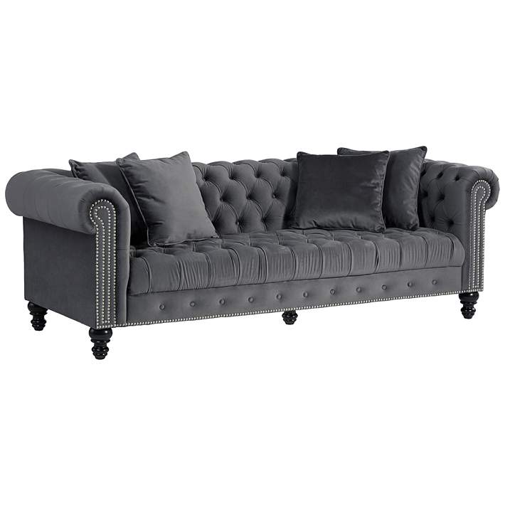 Jordan 90 Wide Tufted Dark Gray Velvet, Tufted Grey Sofa