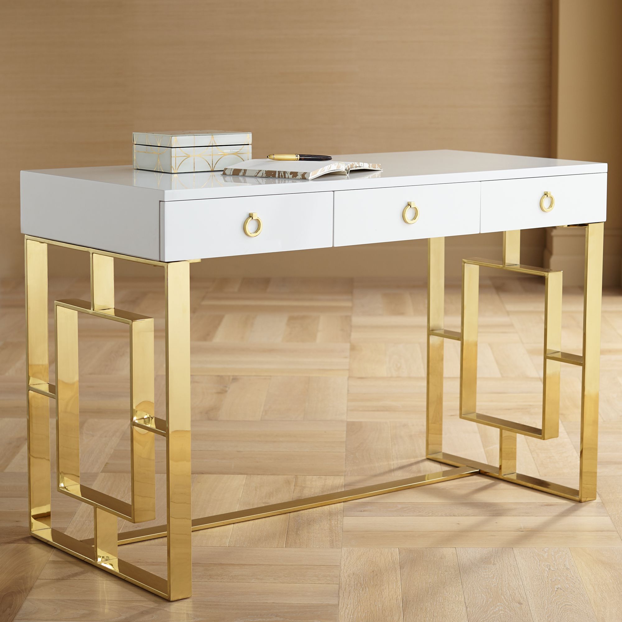 Baccarat 47 Wide White Lacquer And Gold Writing Desk Ebay