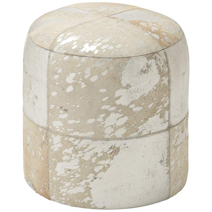 Natural Reflections Silver And White, White Leather Round Ottoman