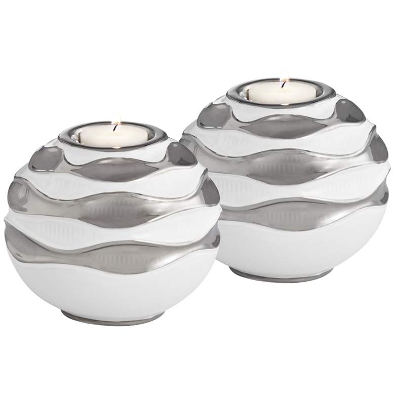 Bainbridge 4&quot; High White and Silver Candle Holders Set