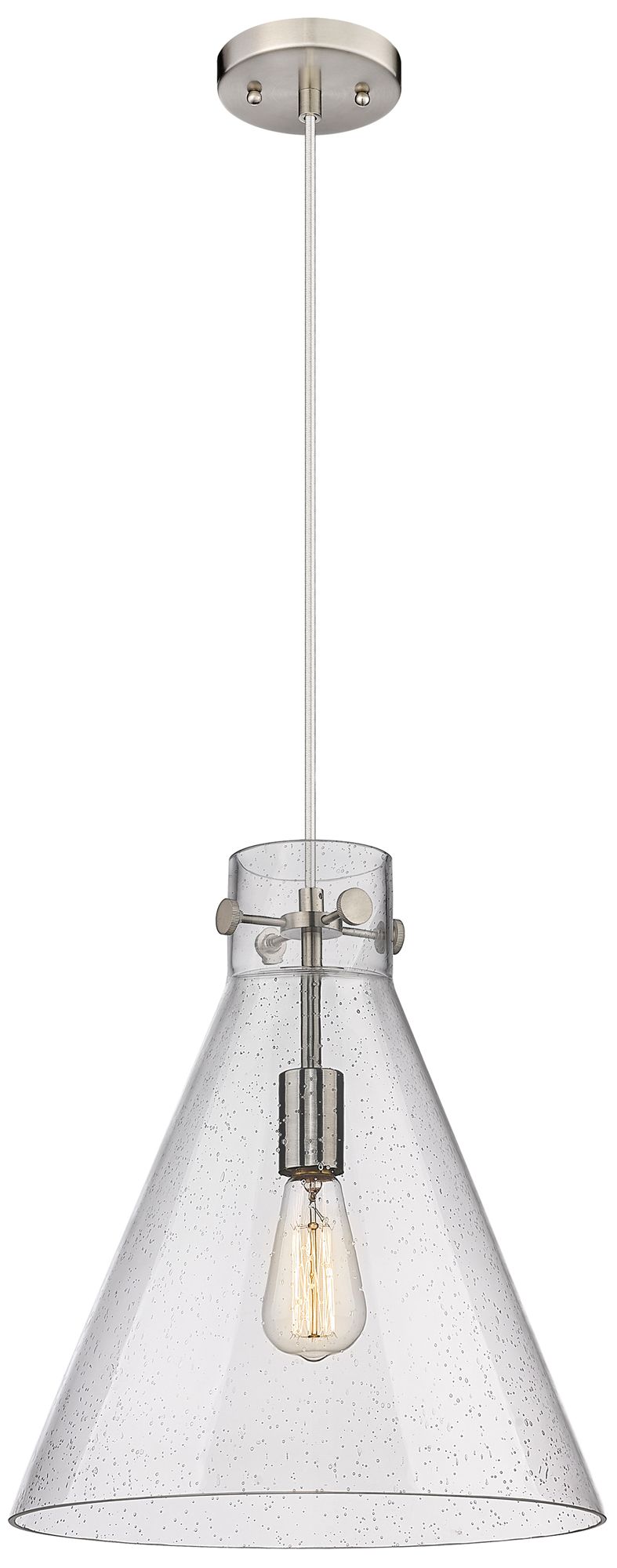 Innovations Lighting Newton Cone 14" Wide Satin Nickel Cord Hung Pendant With Seedy Glass S In Gray