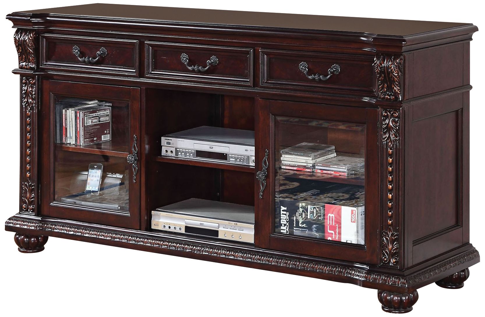 Anondale Carved Cherry and Glass TV Stand