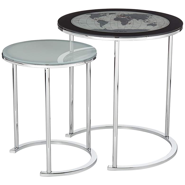 World Map 23 1/4&quot; Chrome and Glass 2-Piece Nesting Tables