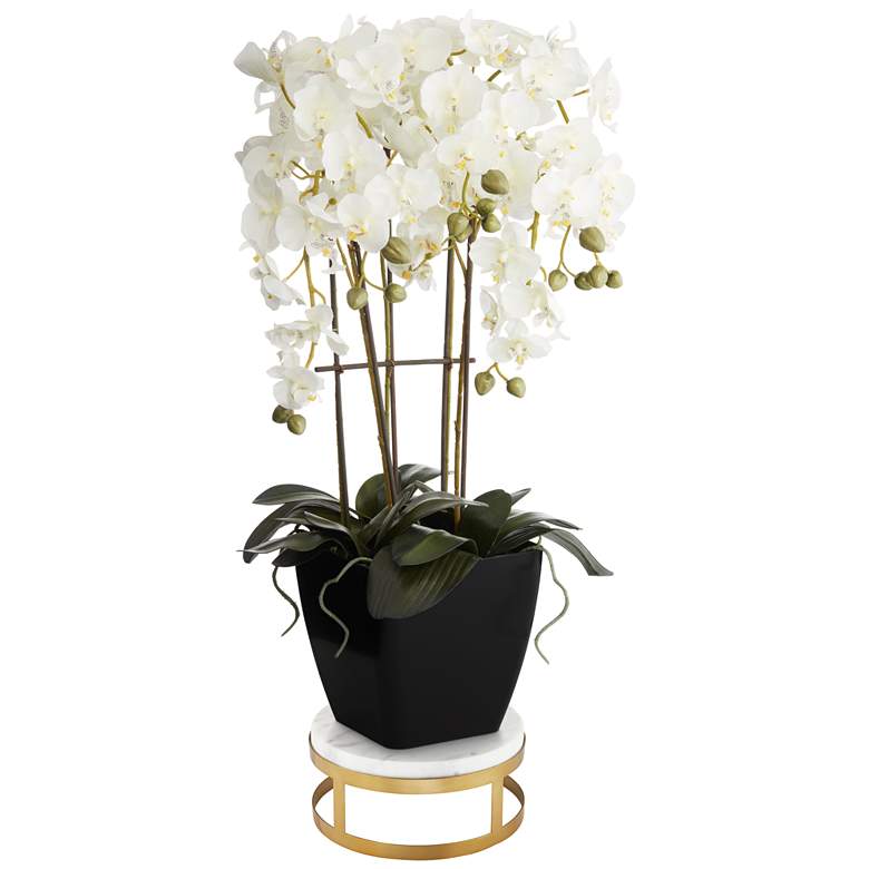 Large White Faux Orchid With Brass Round Riser