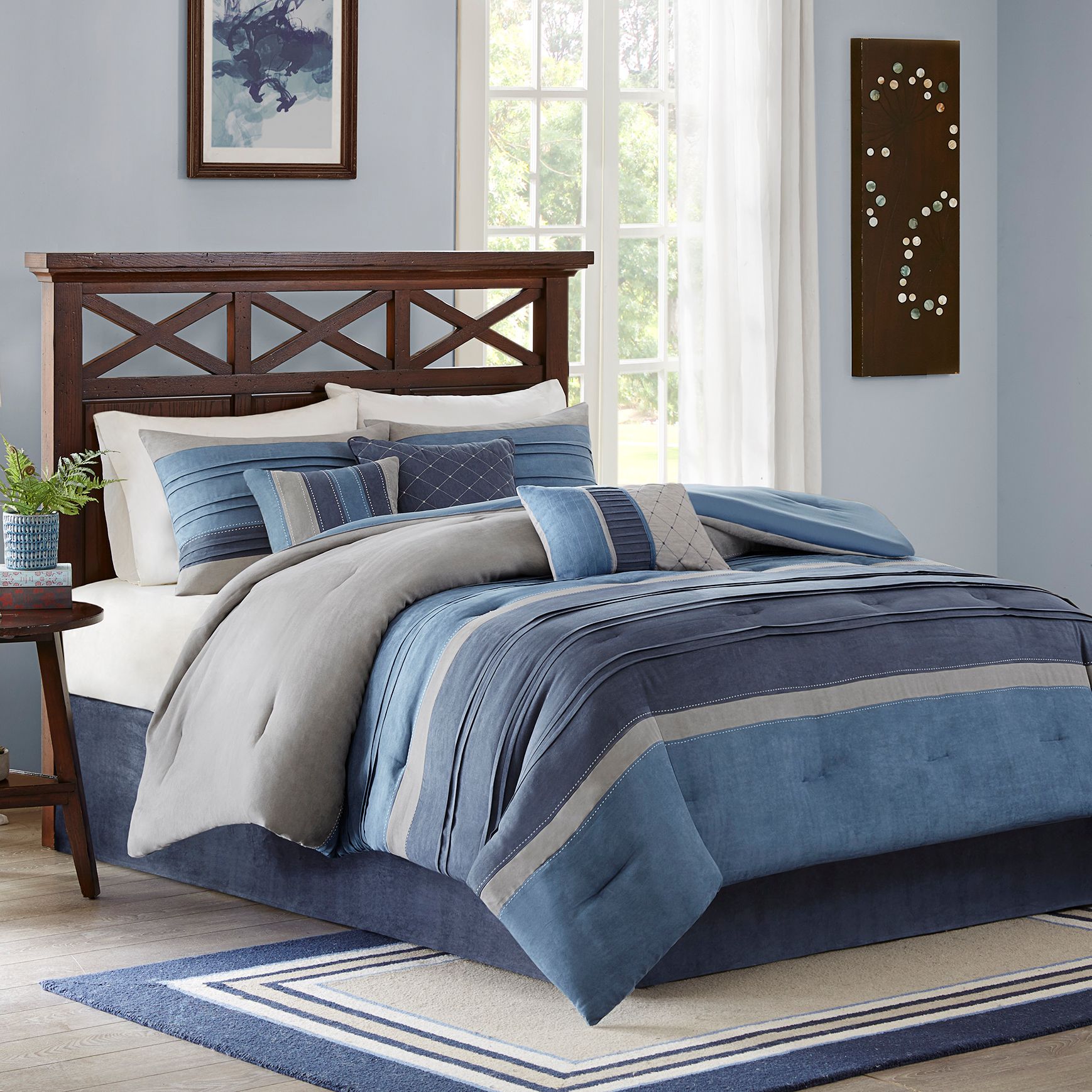 Collins Navy Striped 7-Piece King Comforter Bed Set