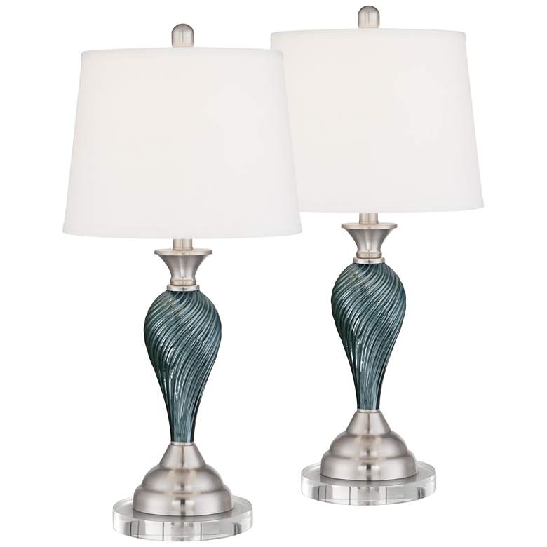 Arden Green-Blue Glass Twist Table Lamps With 7&quot; Round Risers