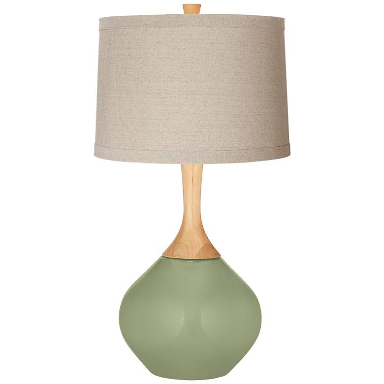 Image 1 Majolica Green Natural Linen Drum Shade Wexler Table Lamp