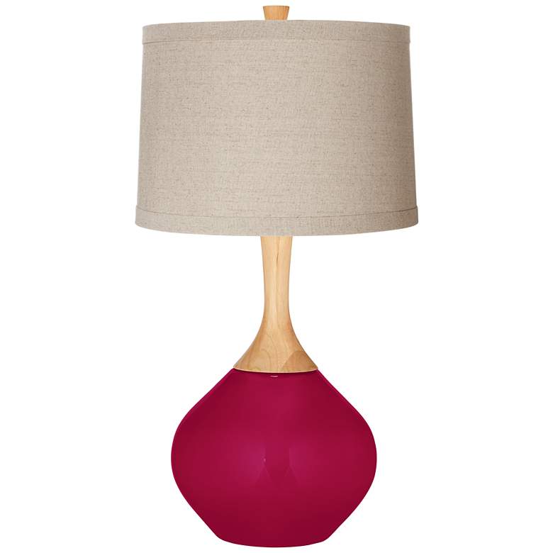 French Burgundy Natural Linen Drum Shade Wexler Table Lamp