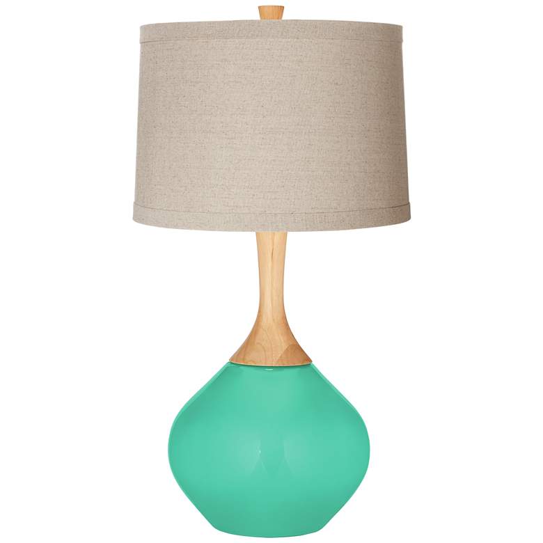 Image 1 Turquoise Natural Linen Drum Shade Wexler Table Lamp