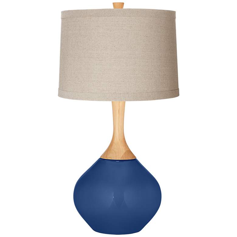 Image 1 Monaco Blue Natural Linen Drum Shade Wexler Table Lamp