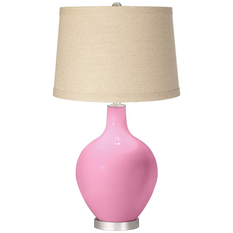 Candy Pink Burlap Drum Shade Ovo Table Lamp - odista.com
