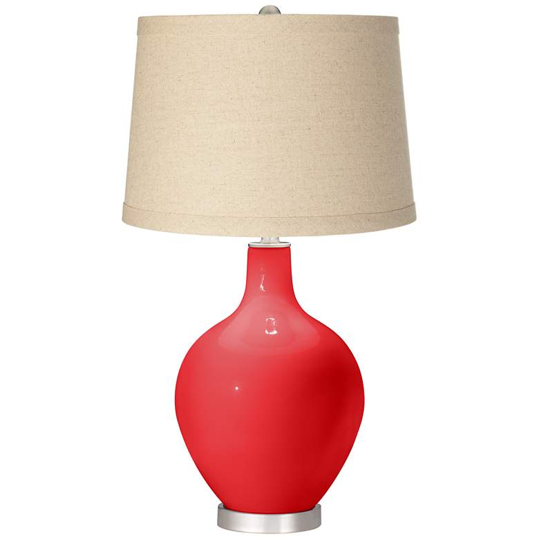 Poppy Red Burlap Drum Shade Ovo Table Lamp