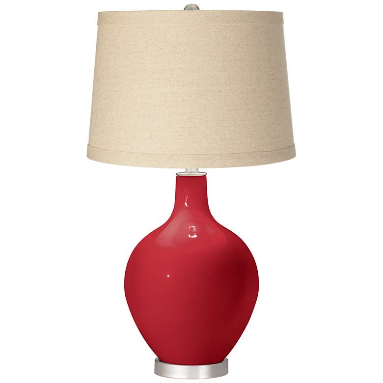 Image 1 Ribbon Red Burlap Drum Shade Ovo Table Lamp
