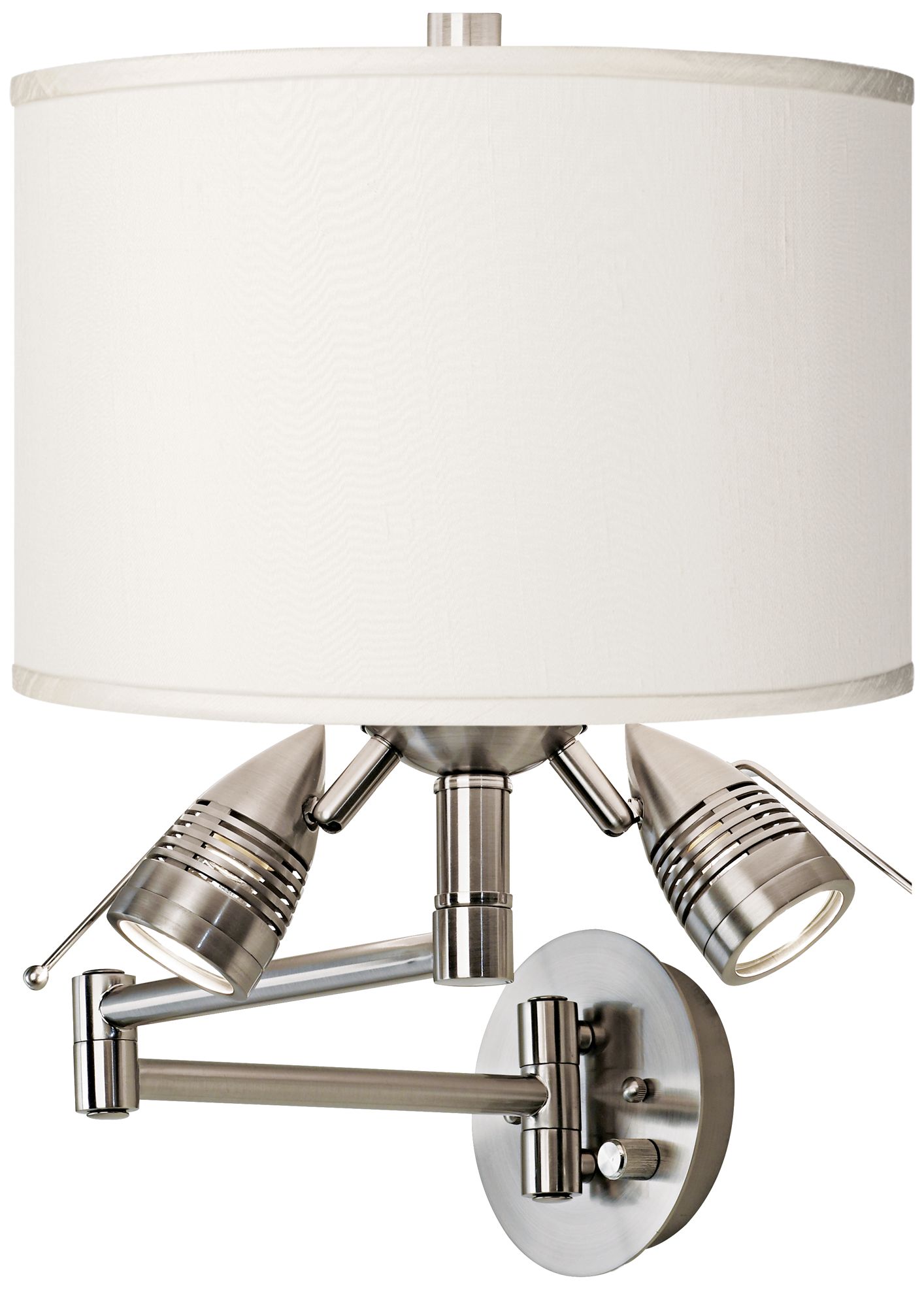 Cream Faux Silk Brushed Nickel Plug-In Swing Arm Wall Lamp