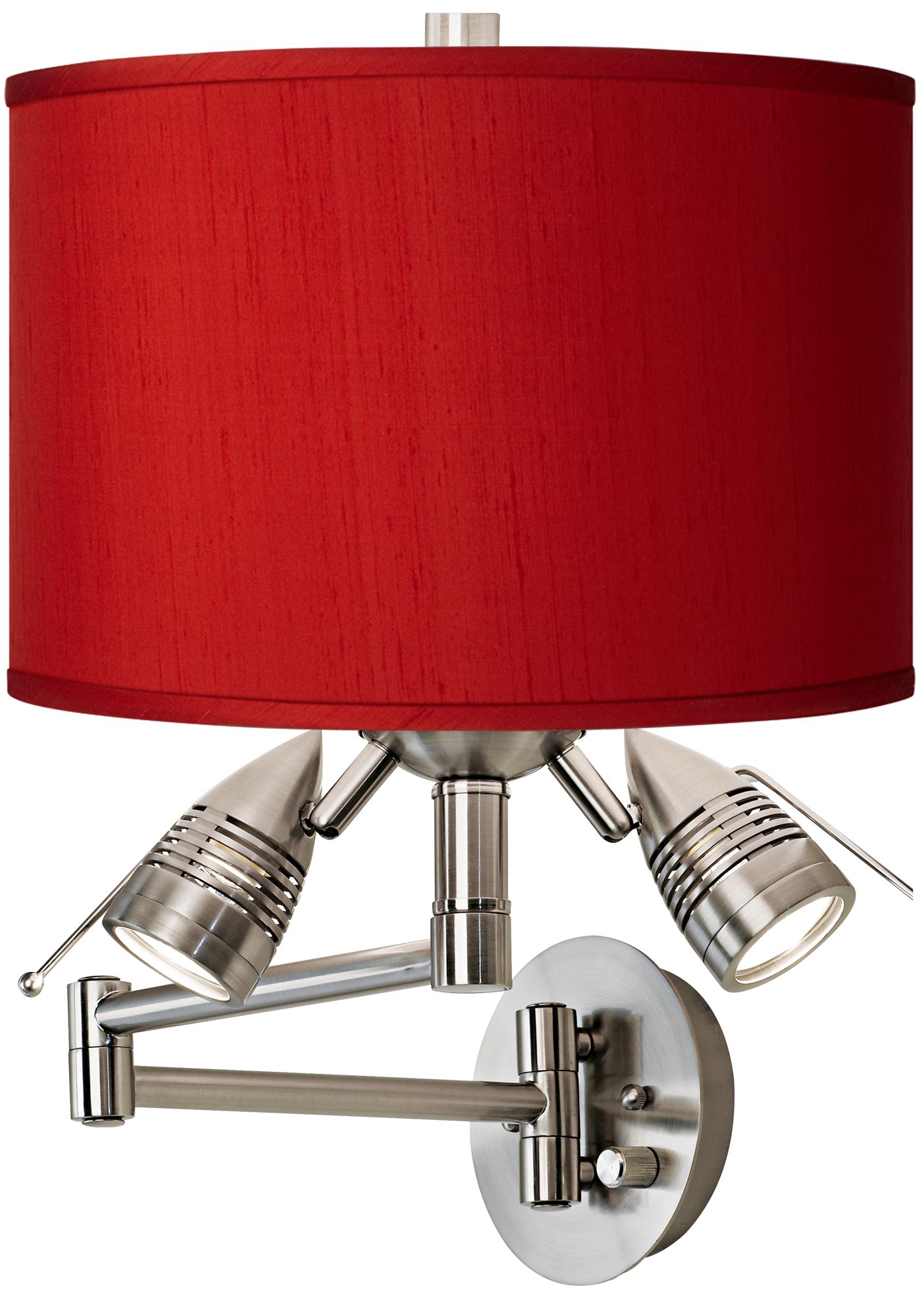 Red Textured Faux Silk Nickel Plug-In Swing Arm Wall Lamp