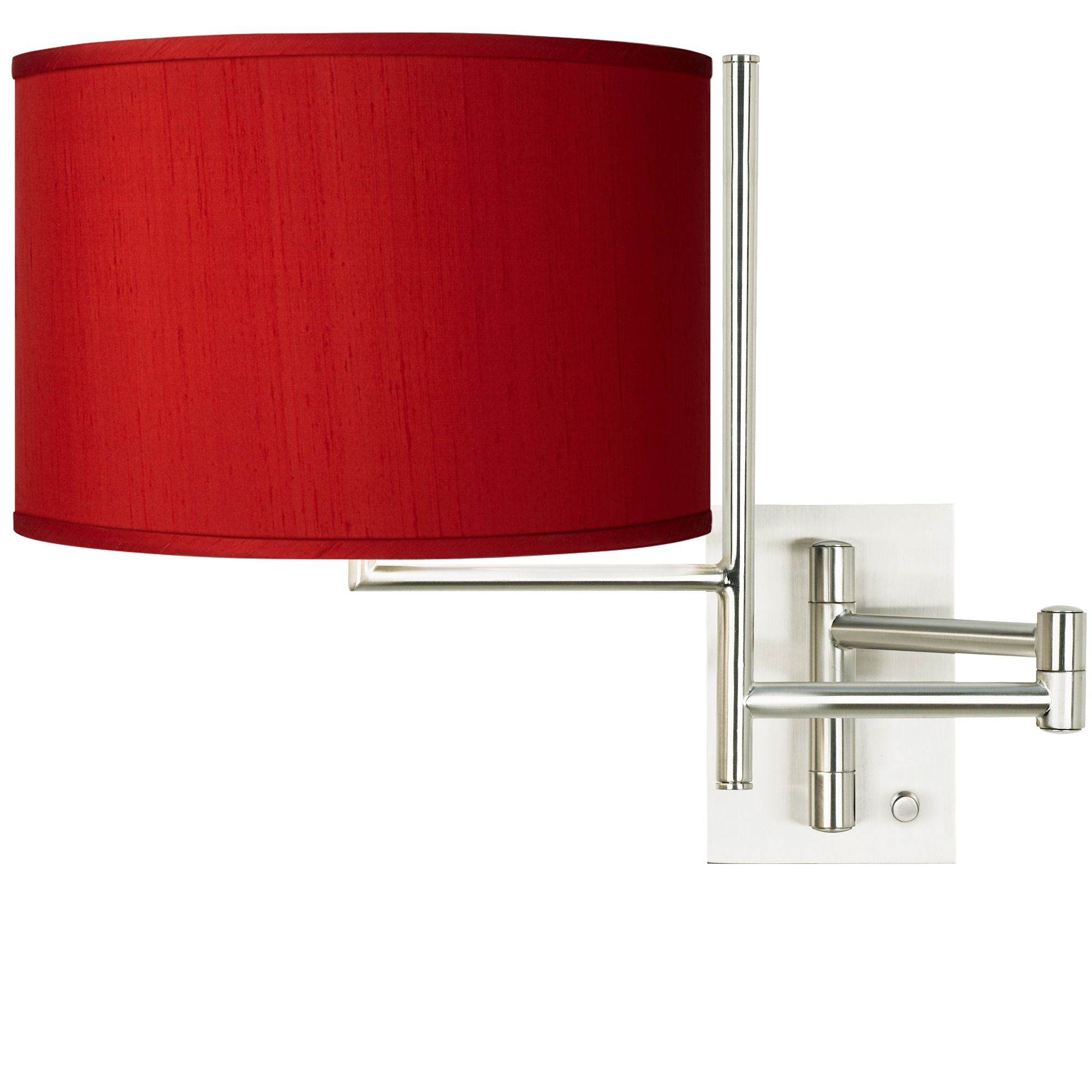 Red Textured Faux Silk Brushed Nickel Swing Arm Wall Lamp