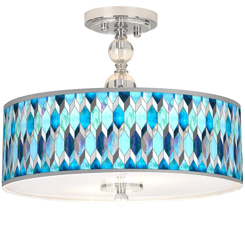 Blue Tiffany-Style Giclee 16&quot; Wide Semi-Flush Ceiling Light
