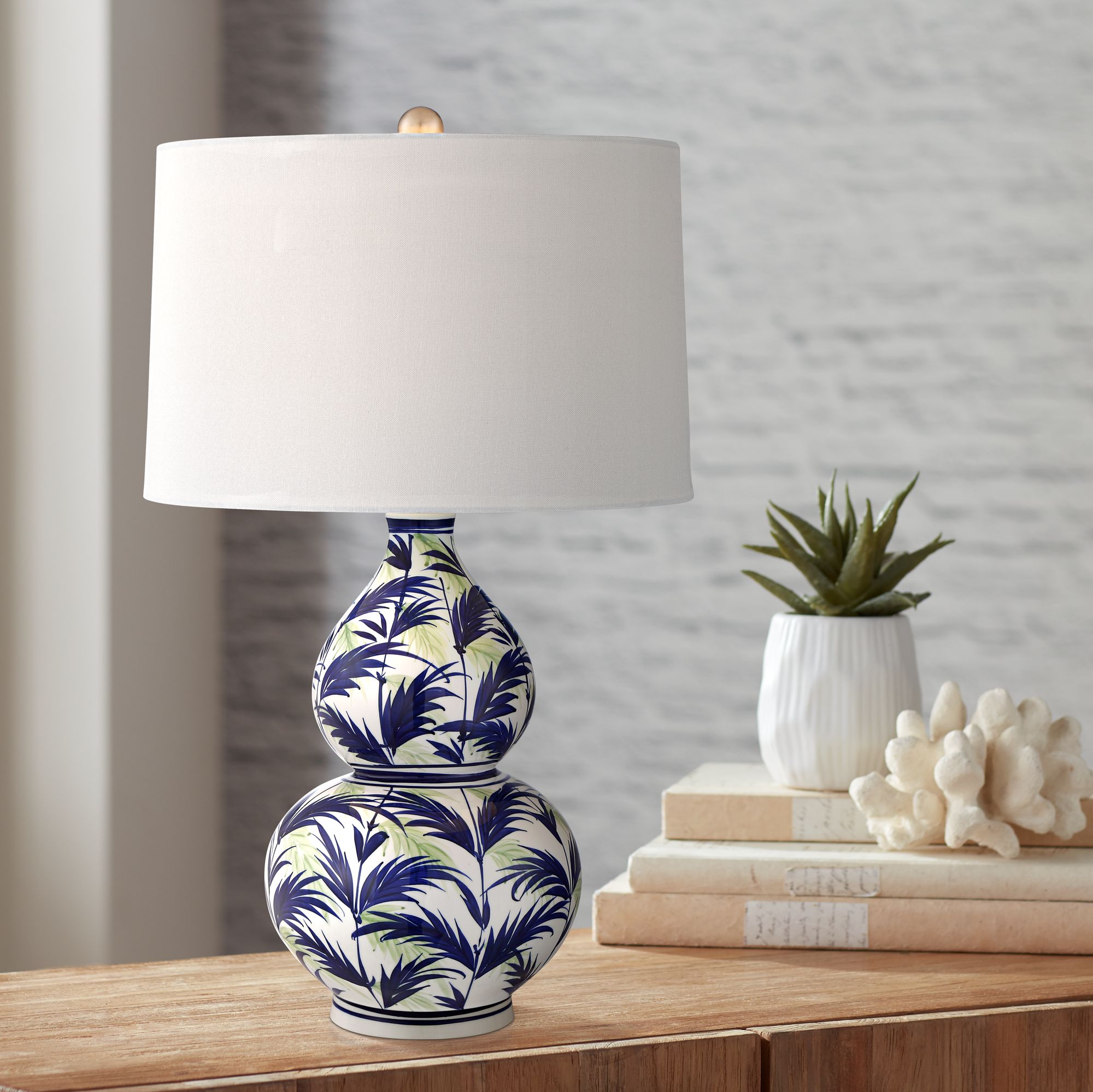 Details About Table Lamp Double Gourd Navy Blue Light Green Ceramic Living Room Bedroom Office